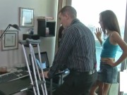 Femdom chicks dominating nerdy guy with handjob 2/16