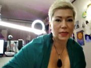 Mature bitch in black stockings and shoes, furiously sucks cock and fucks like a spring cat! 7/16