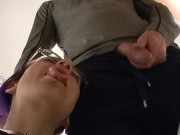 pixie with her fat tongue out waits next to Master while He's pissing then licks the dripping tip 12/16