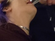 pixie with her fat tongue out waits next to Master while He's pissing then licks the dripping tip 14/16