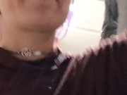 pixie with her fat tongue out waits next to Master while He's pissing then licks the dripping tip 15/16