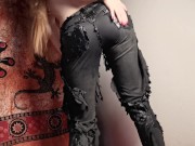 Topless beauty pisses through her ruined leather trousers 1/16