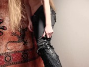 Topless beauty pisses through her ruined leather trousers 13/16