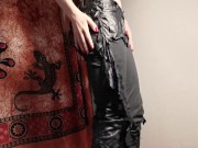 Topless beauty pisses through her ruined leather trousers 2/16