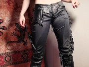 Topless beauty pisses through her ruined leather trousers 8/16