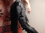 Topless beauty pisses through her ruined leather trousers 9/16