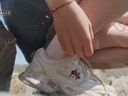 Walking on the beach with a plug in my ass and bare tits, masturbating on the rocks near people 7/16