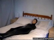 Cute girl in black latex catsuit with mask makes self bondage in rubber vacuum sleepbag - part 1 13/16