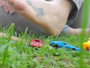 Giantess with big sweaty feet crushes toy cars and smashes them all 7/16