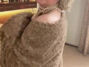 Annabel’s fur cape and white nylons 6/16