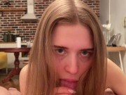 Beautiful neighbor deepthroats and takes a cumshot in her mouth 7/16