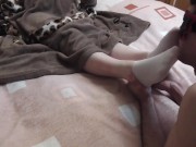 Slave kisses the feet in white socks. Then worships female feet 2/16