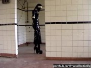 Black Latex Rubber Church Nun With High Heels Pisses Outdoor And Peeing In Pee Bag 13/16