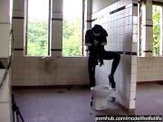 Black Latex Rubber Church Nun With High Heels Pisses Outdoor And Peeing In Pee Bag 14/16