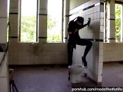 Black Latex Rubber Church Nun With High Heels Pisses Outdoor And Peeing In Pee Bag 15/16
