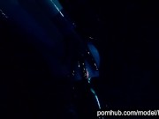 Heavy rubber goddess with big tits in transparent blue latex catsuit and mask masturbates - part 1 1/16