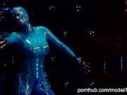Heavy rubber goddess with big tits in transparent blue latex catsuit and mask masturbates - part 1 14/16