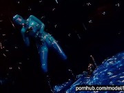 Heavy rubber goddess with big tits in transparent blue latex catsuit and mask masturbates - part 1 4/16