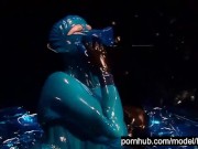 Heavy rubber goddess with big tits in transparent blue latex catsuit and mask masturbates - part 4 15/16