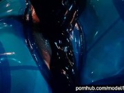 Heavy rubber goddess with big tits in transparent blue latex catsuit and mask masturbates - part 4 2/16