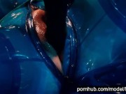 Heavy rubber goddess with big tits in transparent blue latex catsuit and mask masturbates - part 4 3/16