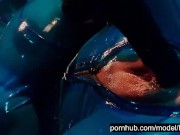 Heavy rubber goddess with big tits in transparent blue latex catsuit and mask masturbates - part 4 4/16