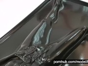 Wonderful hot rubber girl in full encased in black latex catsuit enjoys her vacuum bed vacbed 5/16