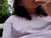 Pretty woman fucked herself with a banana in the park, and then ate it in front of people 14/16
