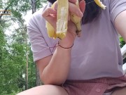 Pretty woman fucked herself with a banana in the park, and then ate it in front of people 2/16