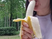 Pretty woman fucked herself with a banana in the park, and then ate it in front of people 3/16