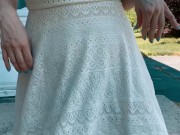 Pulling up my dress to show off my nude body before spraying piss everywhere! 6/16