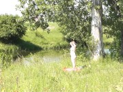 Outside. Wild beach. Random passerby man by river saw naked woman sunbathing. Outdoor. Nudist 11/16