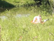 Outside. Wild beach. Random passerby man by river saw naked woman sunbathing. Outdoor. Nudist 14/16