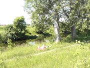 Outside. Wild beach. Random passerby man by river saw naked woman sunbathing. Outdoor. Nudist 16/16