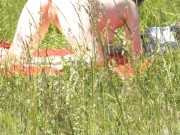 Outside. Wild beach. Random passerby man by river saw naked woman sunbathing. Outdoor. Nudist 9/16