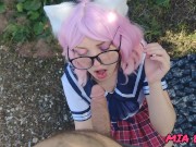 beautiful cute schoolgirl in a skirt and glasses walks and gives a passionate beautiful blowjob 8/16