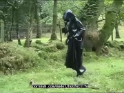 Outdoor walk in the wood and river bath full encased in black latex catsuit and rubber gas mask 1/16