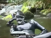 Outdoor walk in the wood and river bath full encased in black latex catsuit and rubber gas mask 11/16