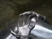 Outdoor walk in the wood and river bath full encased in black latex catsuit and rubber gas mask 16/16