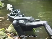Outdoor walk in the wood and river bath full encased in black latex catsuit and rubber gas mask 8/16