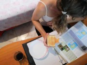 Cum breakfast-toast with milk while I am reading 13/16