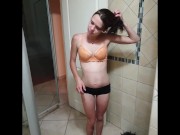 Nasty petite little slut washing her hair and face with my piss 2/16