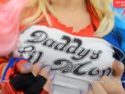 Harley Quinn cosplay cum shower, cum pool from a bad dragon huge dildo on tits and mouth, cum play 1/16