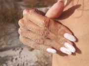 Tanned Nudist Teen receives a Spit on her Tight Asshole before taking a Hot Piss on the Beach 7/16