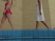 Lera and Sima strip each other like lesbians in the pool 1/16