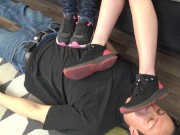 Princess Kimberly and Lisa dominate their foot slave Bobby with sneaker licking 13/16