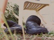 A beautiful giantess makes you spy on her big feet in the garden spying on her all the time! 4/16