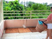 Naked laundry. The maid is drying clothes in the laundry. 1/16