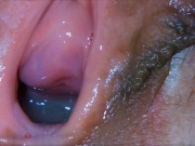 Extreme close up! Cum flowing and dripping into pussy!