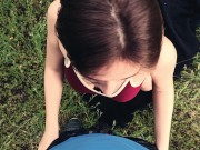 Cute girl gives blowjob in the forest and swallows sperm. pov 5/16